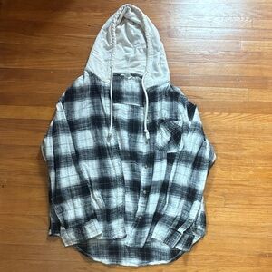Womens Black and White Plaid Hooded Shirt
